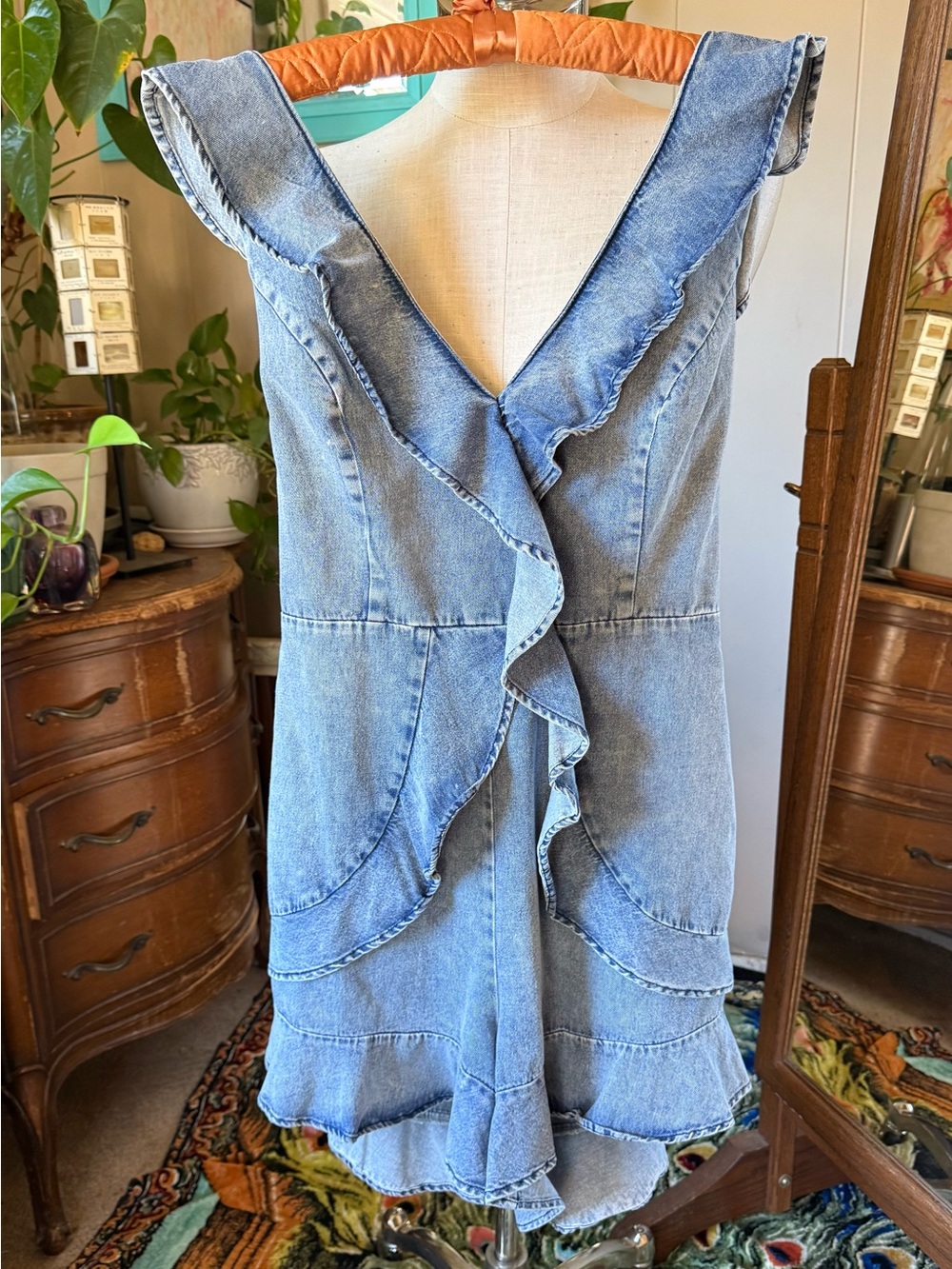 BiBi Light Wash Denim Ruffle Romper - Picture 4 of 9